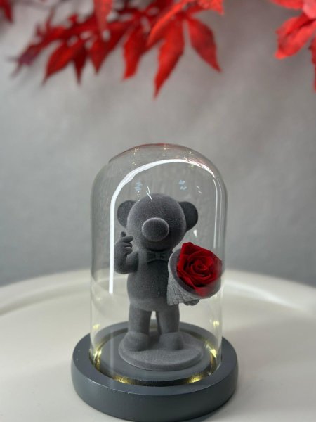 تحفة زجاج مدورة دب حامل باقة ورد